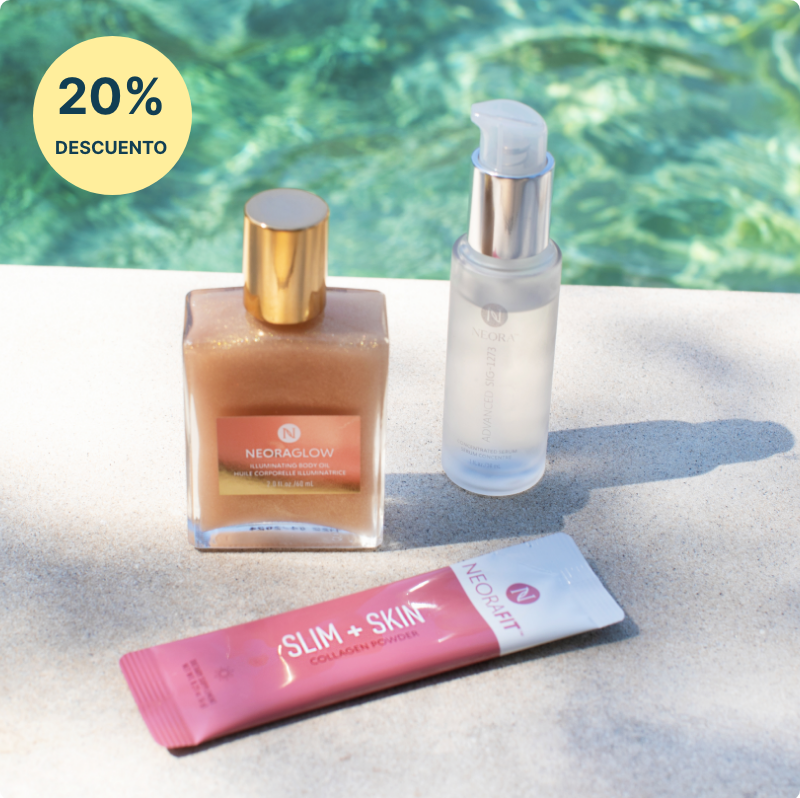 Set Brillo + belleza total de Neora junto a una piscina. El set incluye NeoraGlow Aceite Corporal Iluminador, Suero Avanzado y Concentrado SIG-1273 y NeoraFit Slim + Skin Polvo de Colágeno con un 20 % de descuento.